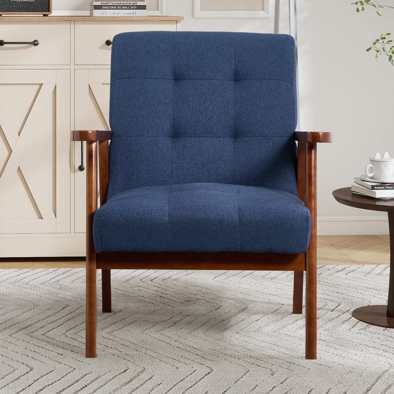 66cm wide Mid-Century Accent Chair With Wooden Armrests & Tufted Upholstered Seat, Blue