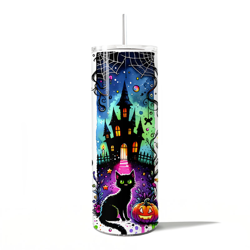 Gobelet personnalisé 20 oz Neon Halloween Witch Scene avec couvercle et paille en acier inoxydable