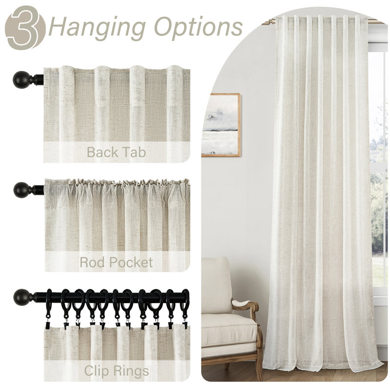 Dennan Linen Curtain Rod Pocket Back Tab,Linen Semi Sheer Curtains for Bedroom, 50" W x 84" L, Natural