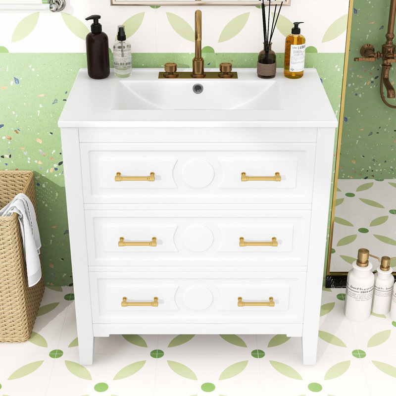 Meuble-lavabo autoportant avec lavabo en céramique et 3 tiroirs, Blanc