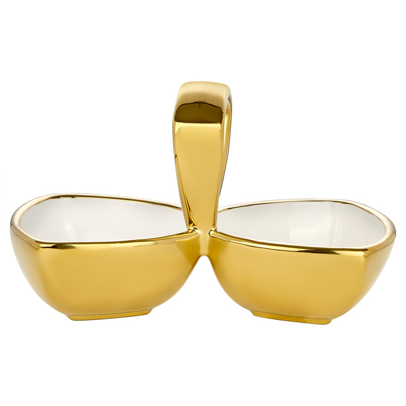 2 Ceramic Snack Bowl With Gold Outside And Handle- 8.5"