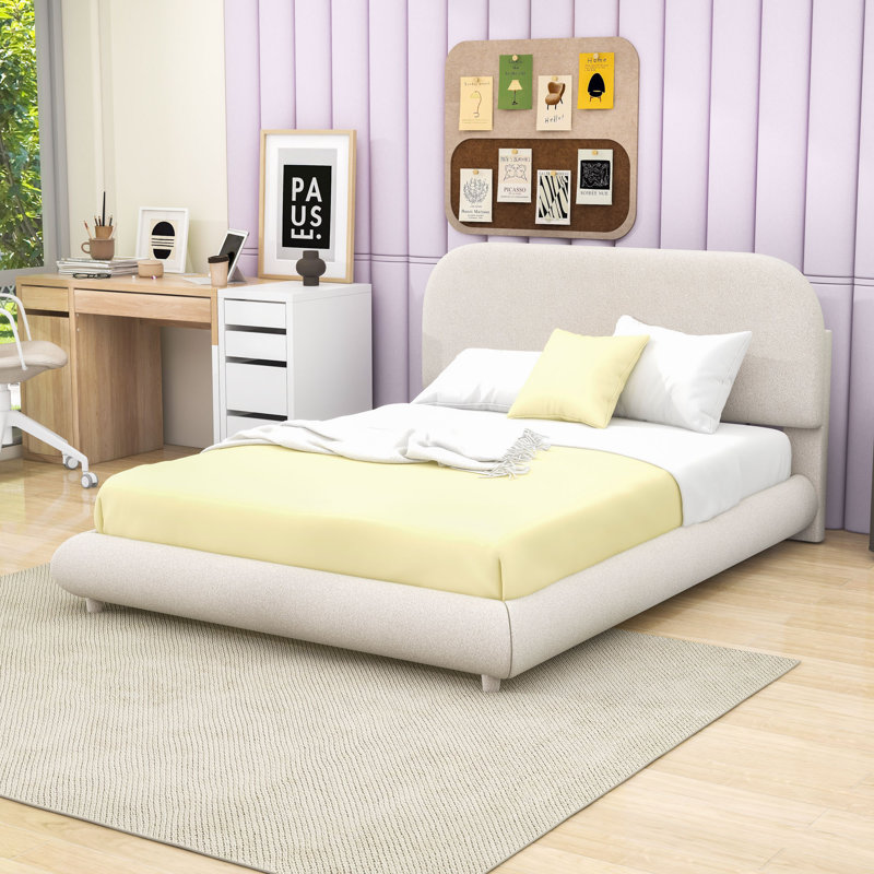 Luxurious Teddy Fleece Upholstered Platform Bed with Curve-Shaped Design, Full, Beige