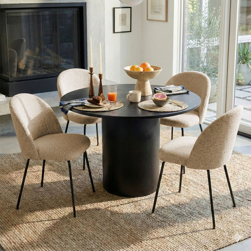 4 - Person Dining Table Sets With Round Table & 4 Upholstered Tweed Chairs, Oatmeal