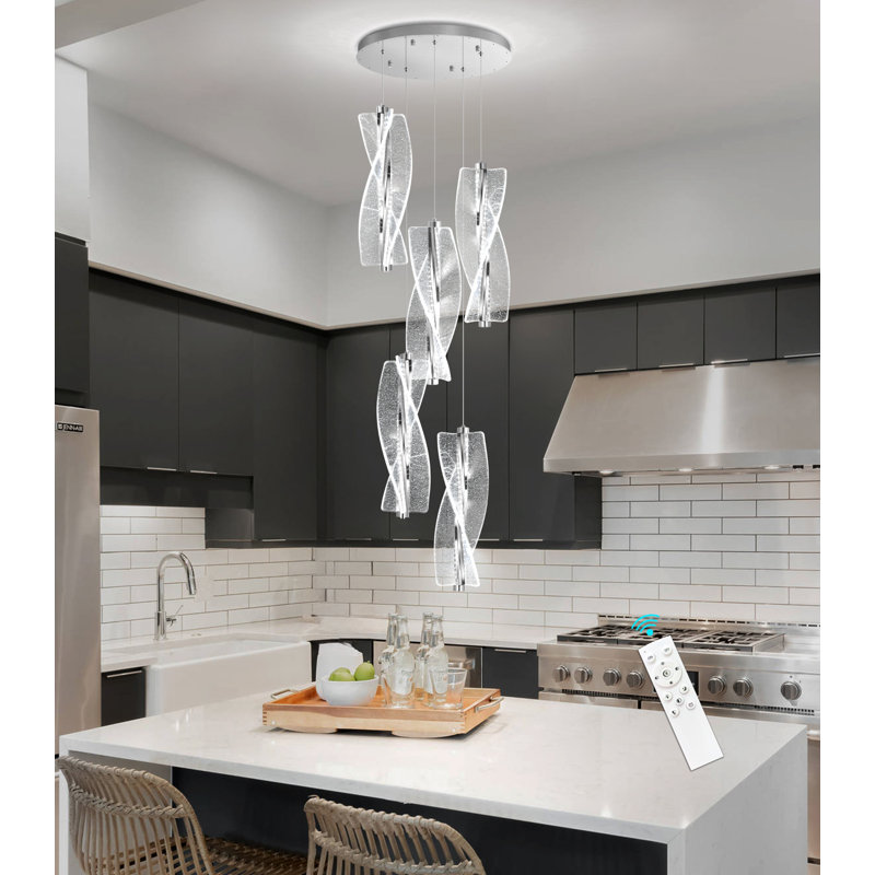 Lustre moderne 5 lumières DEL en acrylique à intensité variable argent, 3600 Lumens, 98" H x 15.7" W x 15.7" D, Silver
