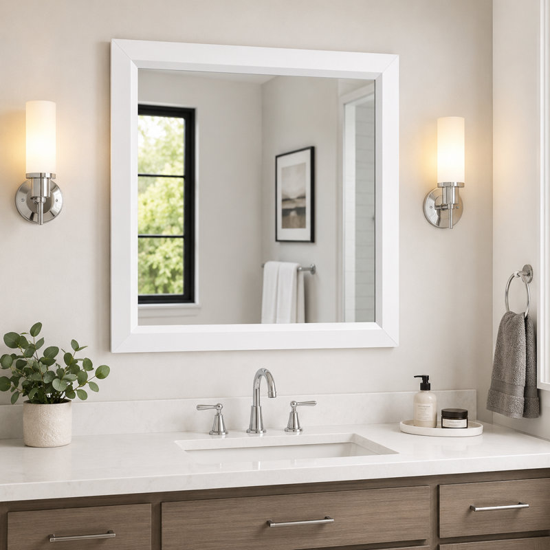 Miroir de salle de bain moderne avec cadre en aluminium blanc biseauté et verre trempé, 36 po x 36 po