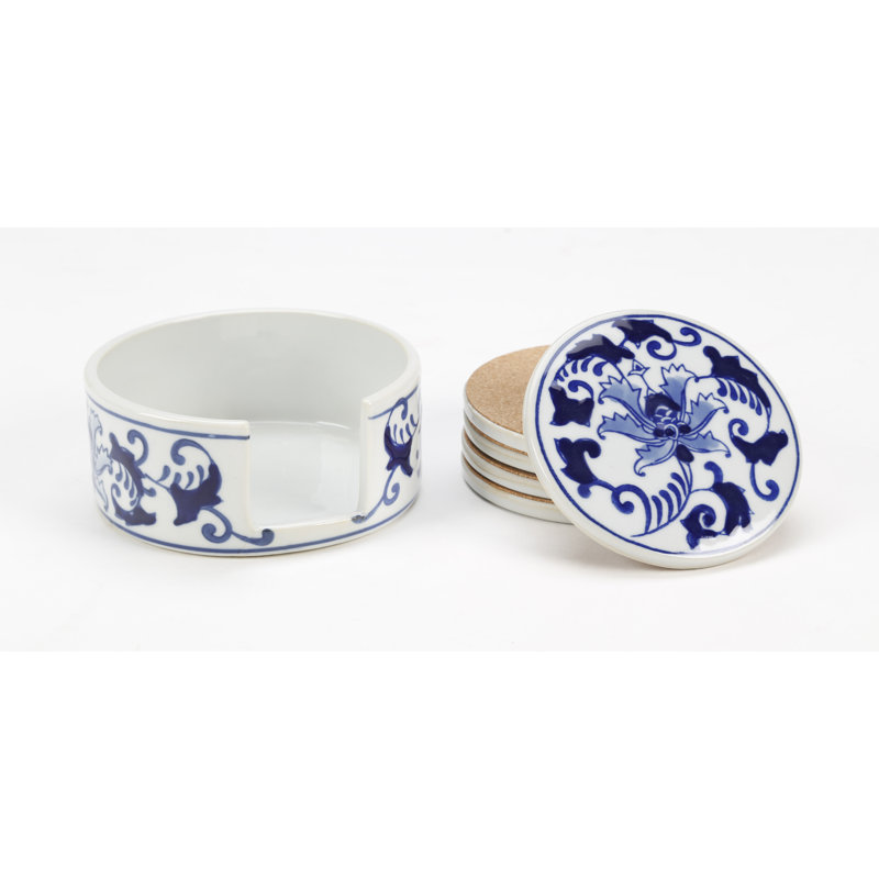 Set Of 5 Coasters, Blue And White Floral Design