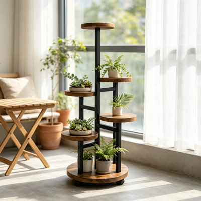 Étagère d'angle à 5 niveaux en métal et en bois pour plantes d'intérieur, idéale pour plusieurs plantes en pot. Étagère robuste et moderne pour salon, balcon ou terrasse.