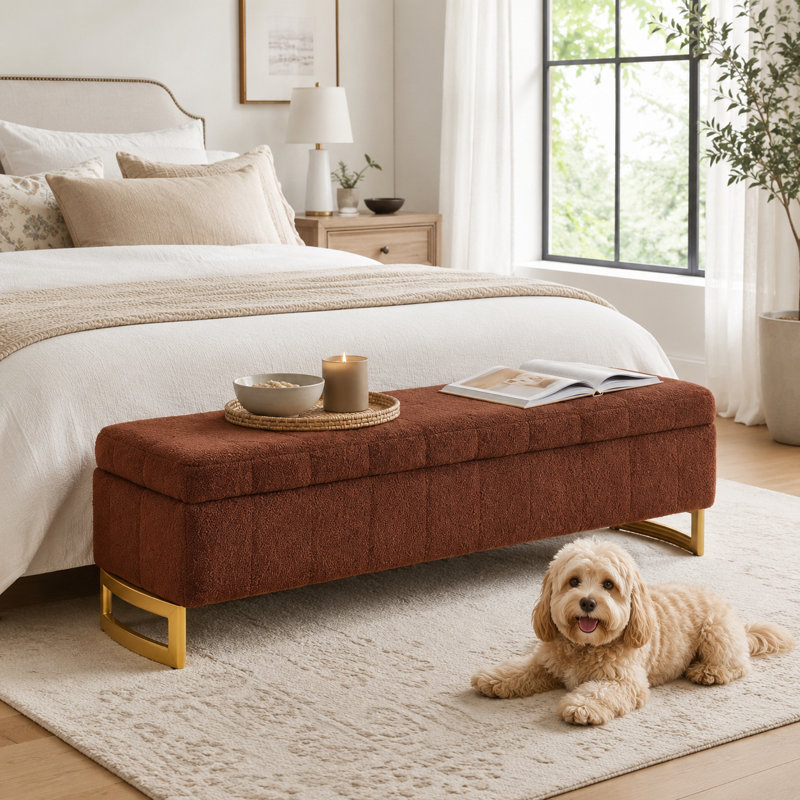63" Storage Bench for Bedroom End of Bed, King Size Bed Bench with Removable Armrest Pillows, Brown