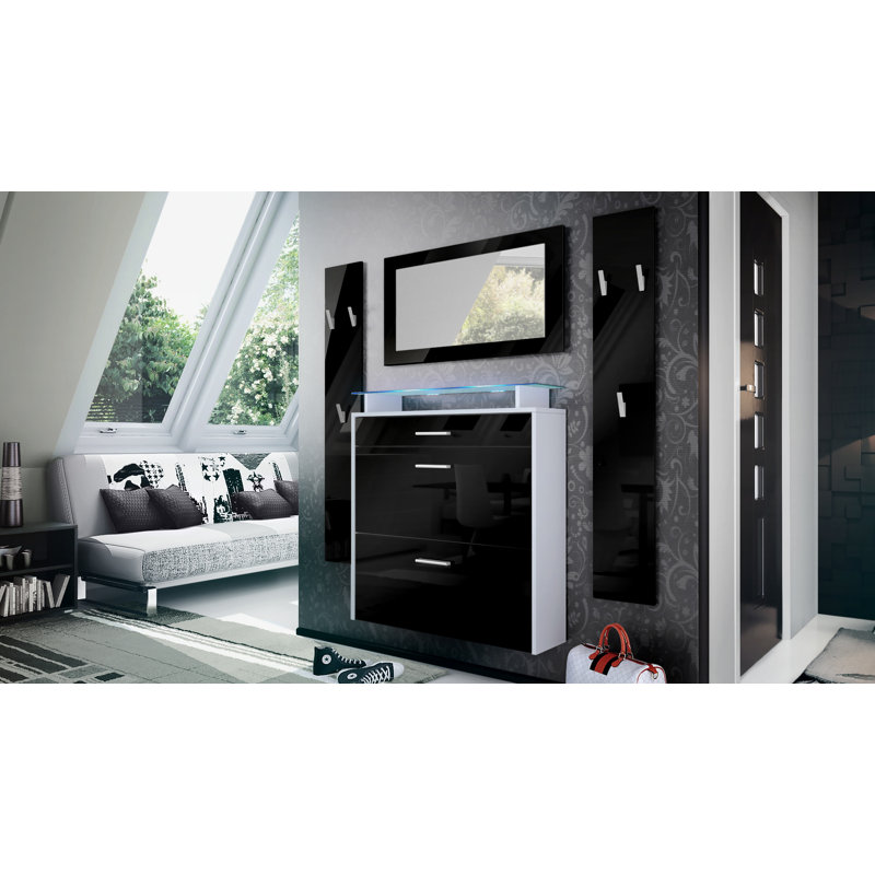 Mccarroll Hall Tree with Shoe Storage, Glossy black/Matt white