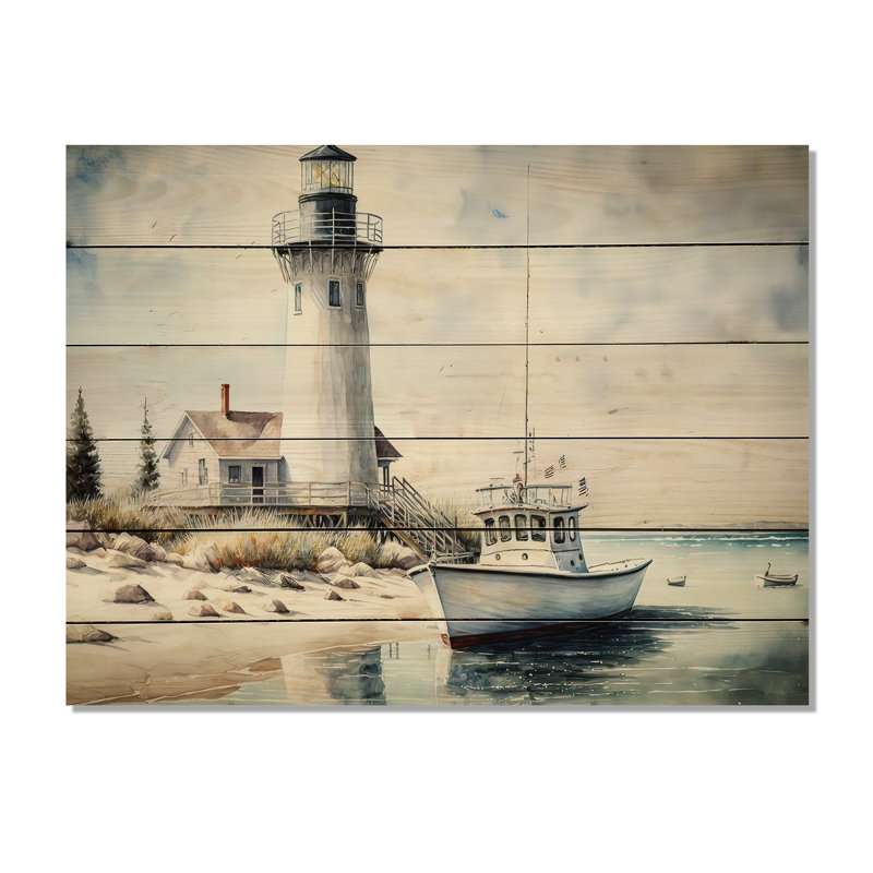 Bateau de pêche et phare I - impression sur bois sans cadre, H 30 po x l 40 po x P 1,5 po