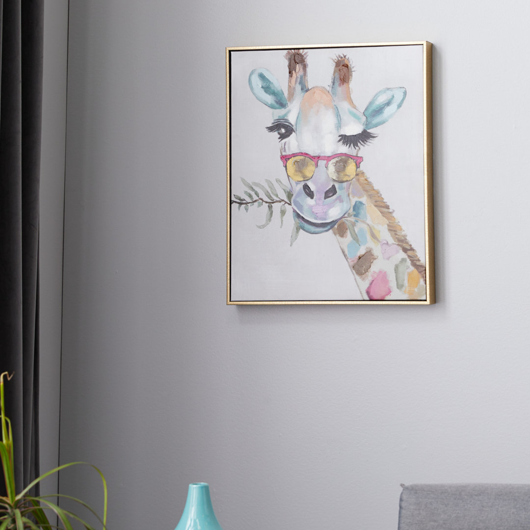 Rectangular Multi Colored Whimsical Giraffe Canvas Wall Art With Gold Wood Frame, 17" X 21" - Picture Frame Painting on Canvas CosmoLiving by Cosmopolitan
