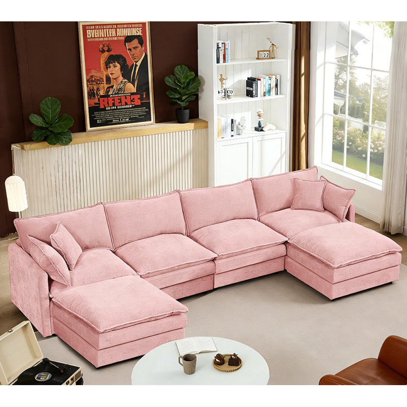 Modular Sectional Sofa U Shaped Couch Set, Pink Chenille