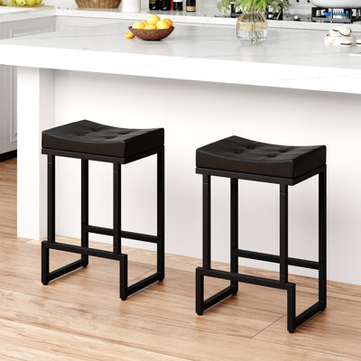 Upholstered Counter Stool with Metal Frame & Footrest, Backless Saddle Seat Counter Height Bar Stools