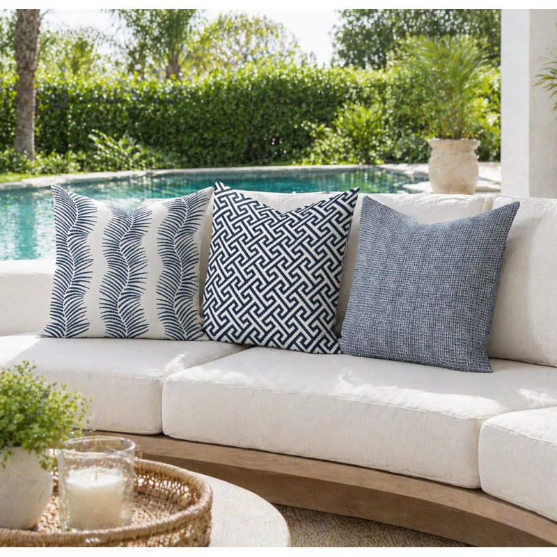 Housse de coussin d'extérieur à imprimé géométrique bleu marine, Carré 15 po
