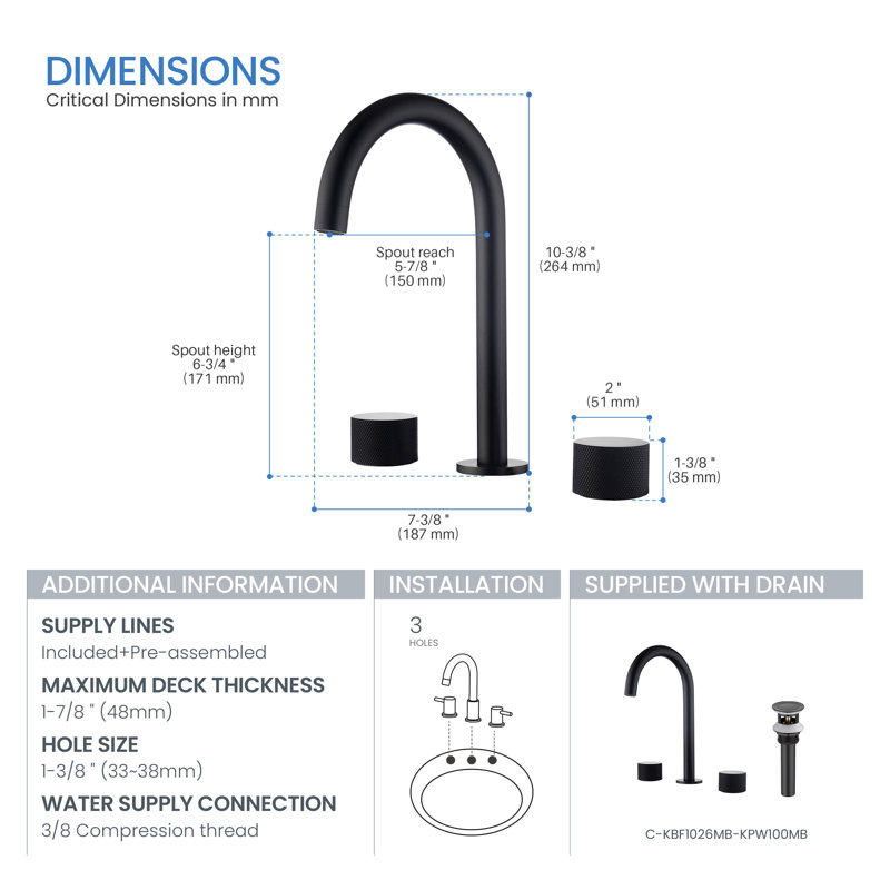 Robinet de salle de bain circulaire encastré à 3 trous et 2 poignées avec ensemble de drain circulaire X, Noir mat