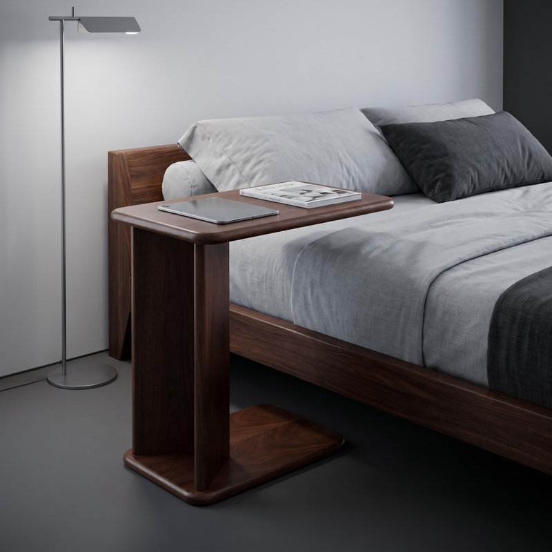 Table d'appoint en forme de C avec placage en bois de noyer et bord arrondi, table d'appoint moderne pour le canapé, la chambre à coucher et le salon