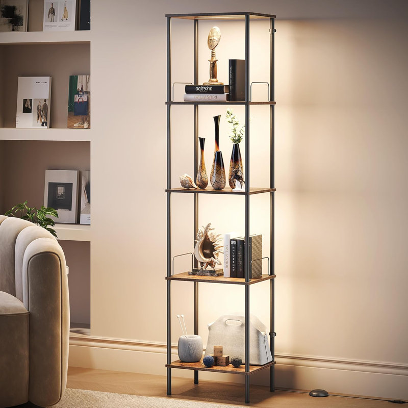 Dimmable LED Display Shelf With Adjustable Colour Temperature, Lighted Display Cabinet For Collectibles, Sturdy Floor Lamp With Shelves, Rustic Home Decor