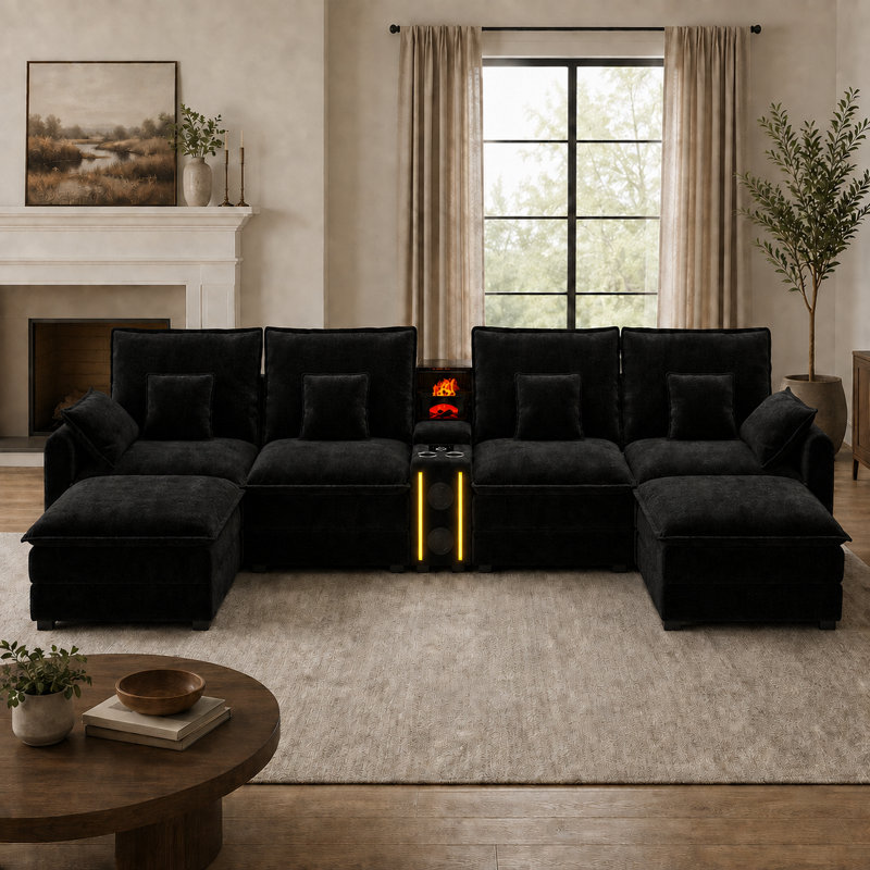 Canapé d'angle modulaire moderne en chenille en forme de U avec 2 poufs, console de chargement et haut-parleurs Bluetooth