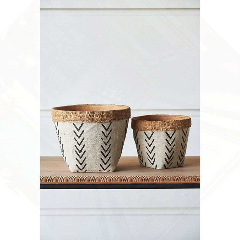 Set Of 2 White And Brown Cement Planters With V Pattern, L:D10x8"  S:D8x6.5"