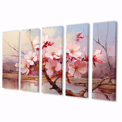 «Pink Whispering Cherry Blossoms II - Flowers», ensemble de 5 décorations murales