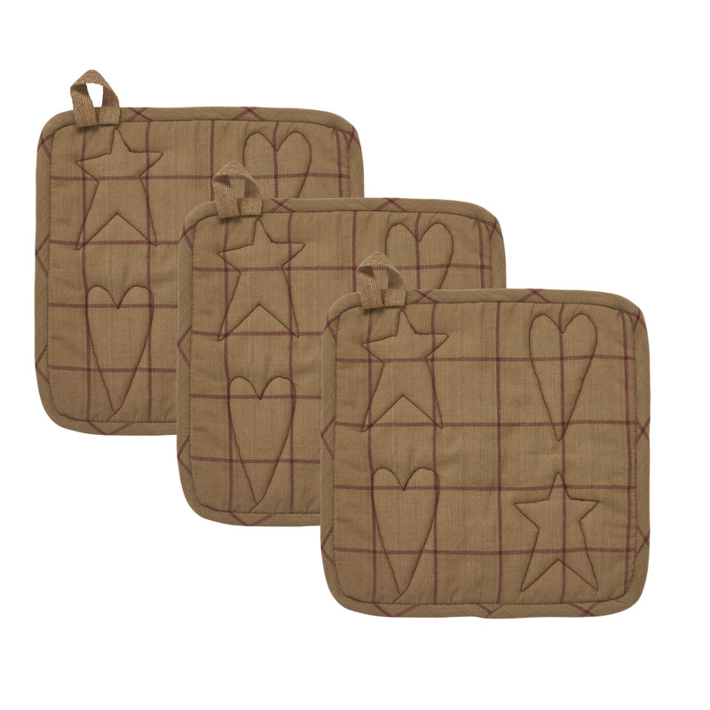 Connell Patchwork Burgundy and Tan Cotton Pot Holder Set