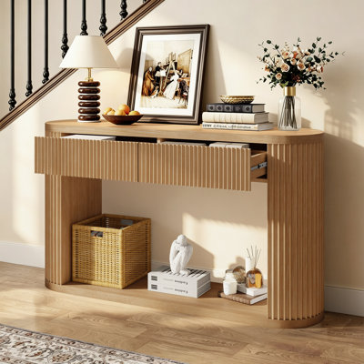 Oval Fluted Console Table With 2 Drawers And Bottom Shelf