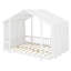 Un lit plateforme avec une structure en forme de maison, un ciel de lit transparent et des lumières scintillantes crée un refuge douillet pour les enfants.-136778006-136777993