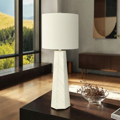 Lampe de table - 29 po de hauteur, matériau céramique, ivoire et abat-jour crème