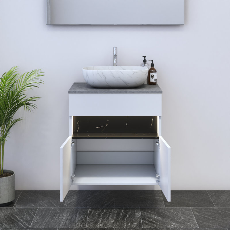 Meuble-lavabo simple avec comptoir 23,6 po Lieke, Béton, Blanc