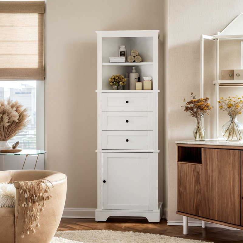 Triangle Tall Cabinet With 3 Drawers And Adjustable Shelves, Corner Cabinet, Storage Cabinet, Accent Cabinet, White