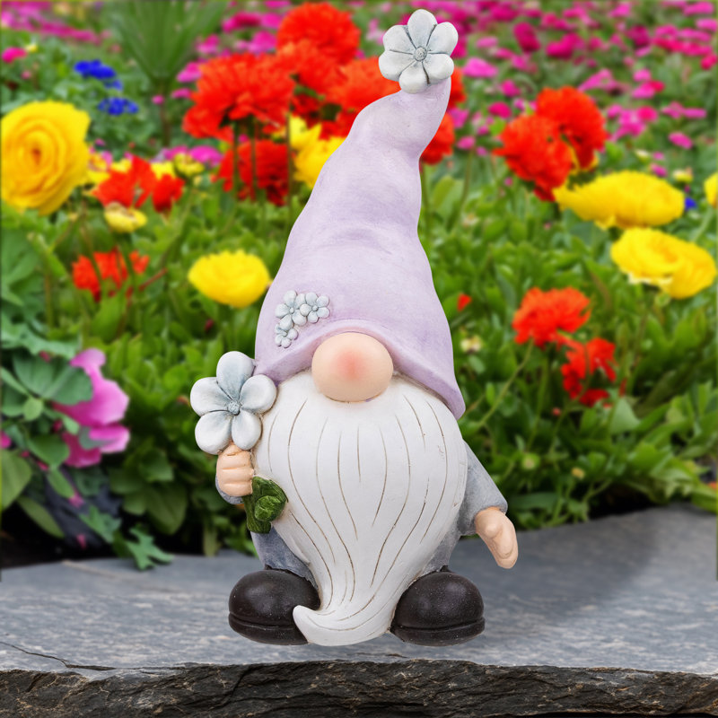 18" Ceramic Gnome with Purple Hat and Flowers
