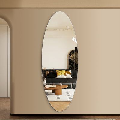 Miroir mural moderne ovale pleine longueur, 63 po x 21 po, verre argenté, incassable, suspension verticale, idéal pour les intérieurs de maison et de salon, support incassable de qualité supérieure