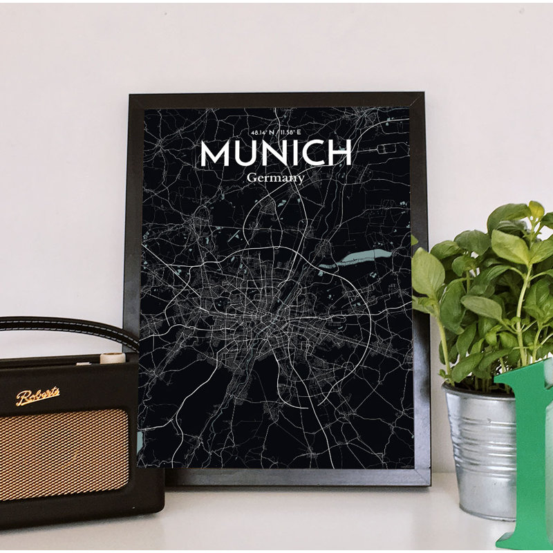 Munich City Map - No Frame Print, 43.2cm H x 27.9cm x 0.13cm D, Black/Blue
