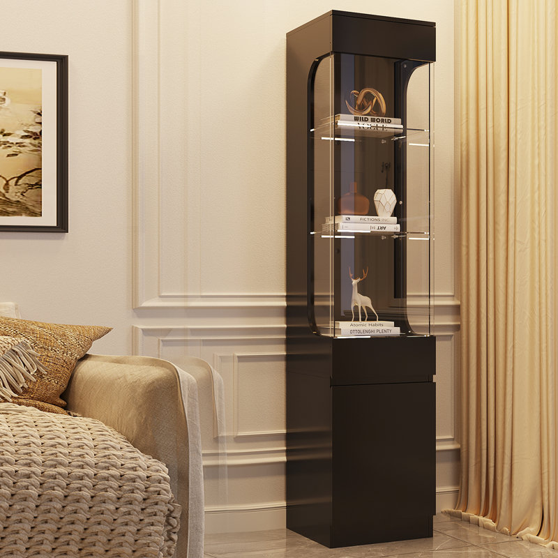 Vitrine en verre, vitrine à 3 niveaux avec 7 lumières DEL colorées, vitrine 70,87 po avec une tablette de rangement pour objets de collection, trophée, livres, noir
