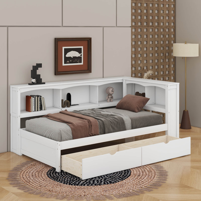 Lit de jour simple avec 2 tiroirs de rangement et ports USB, Blanc
