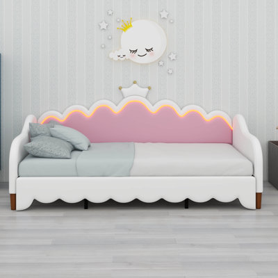 Twin Size Princess Extending Daybed With LED Lights For Kids, Modern Upholstered Princess Daybed Frame With Crown Headboard