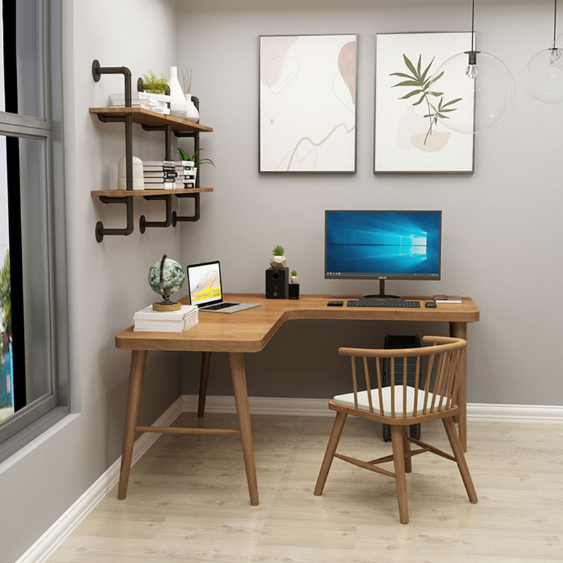 Brown L-Shaped Solid Wood Desks, 29.53" H x 62.99" W x 47.24" D
