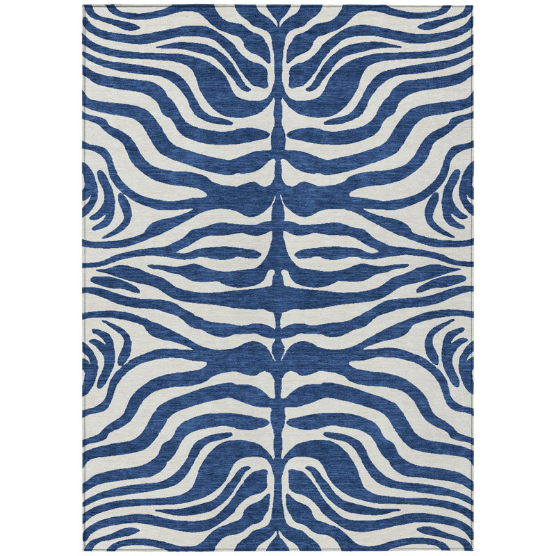 5' X 8' Navy Blue Animal Print Washable Indoor Outdoor Area Rug