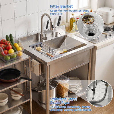 Stainless Steel Utility Sink, 28"Freestanding Sink with Retractable Cold and Hot Water Faucet,Hoses and Drain Kit for Kitchens, Bathrooms, Garage, Laundry Room,Pet Cleaning