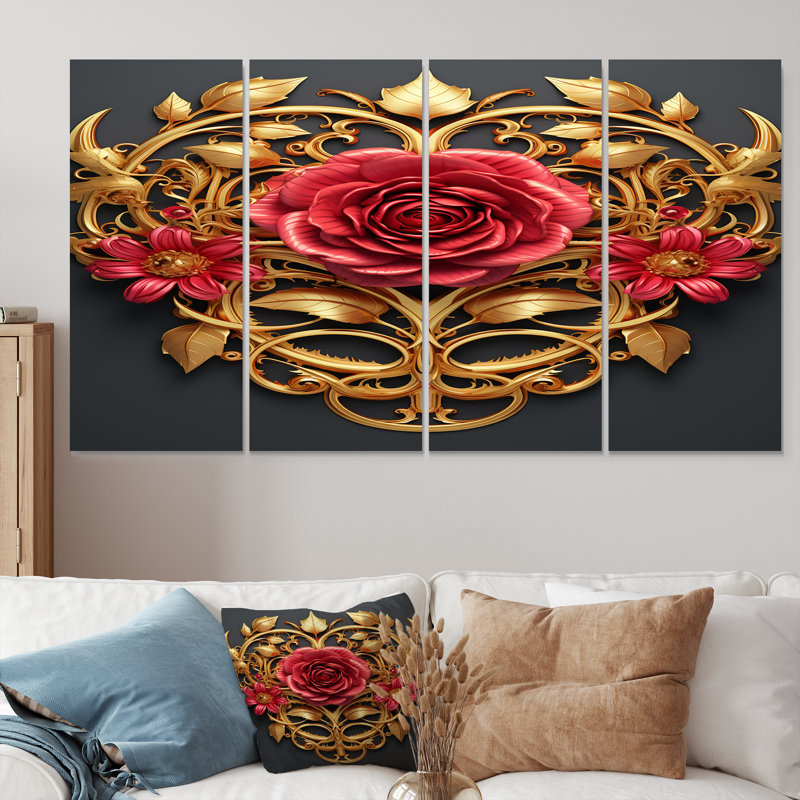Ornement décoratif rose rouge pour 4 pièces - rose, H 32 po x l 64 po