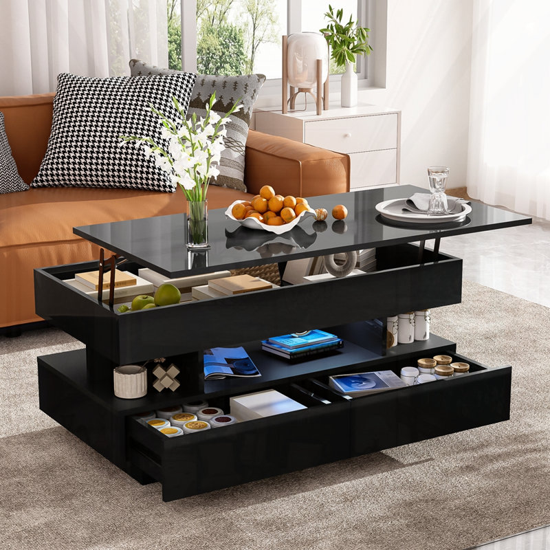 Table basse à plateau relevable avec tiroirs, Noir