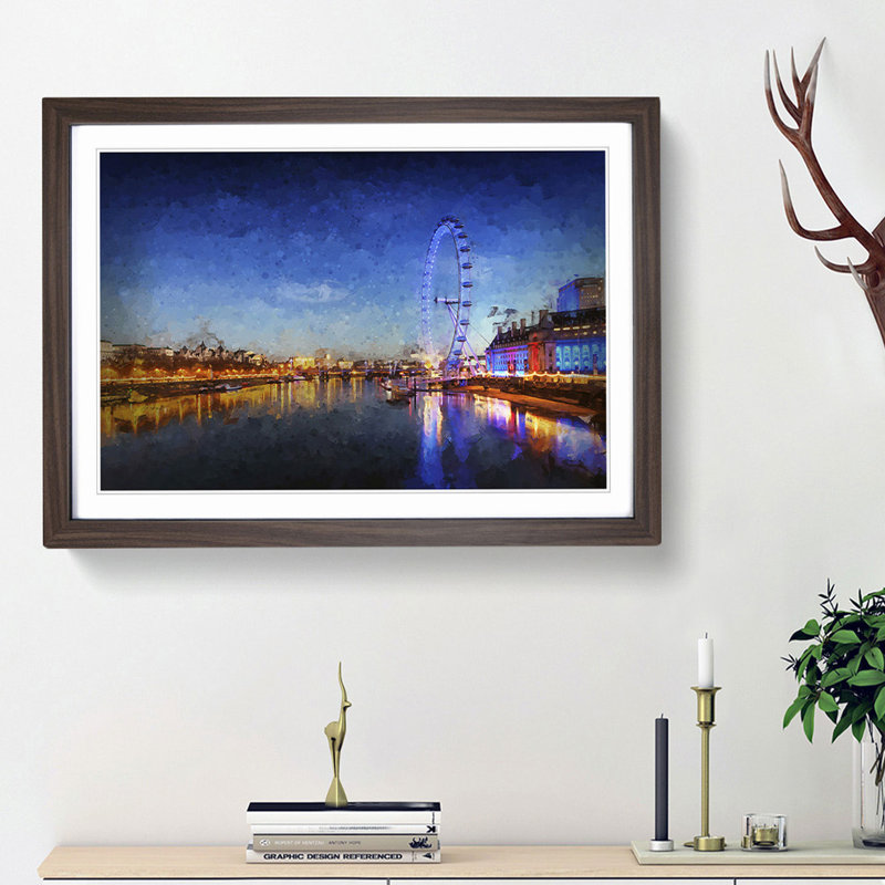 The London Eye & Thames River in Abstract - Picture Frame Painting Print, 27cm H x 36cm W x 2cm D, Walnut Framed
