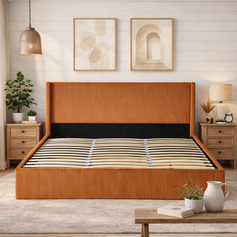 Wauseon Corduroy Upholstered Hydraulic Lift Storage Platform Bed, Orange, King