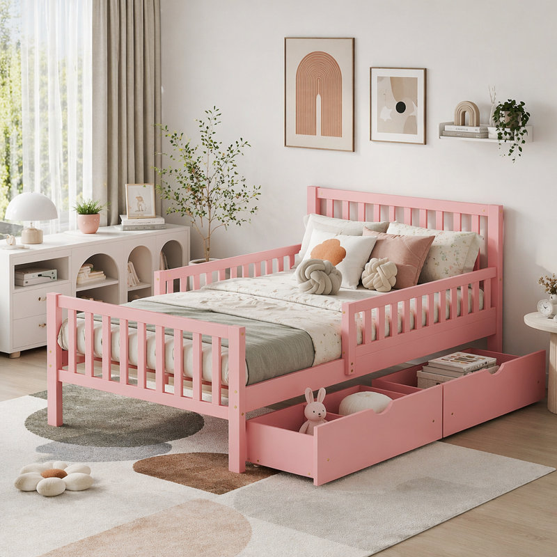 Lit plateforme simple en bois avec garde-corps des deux côtés et deux tiroirs de rangement, Rose