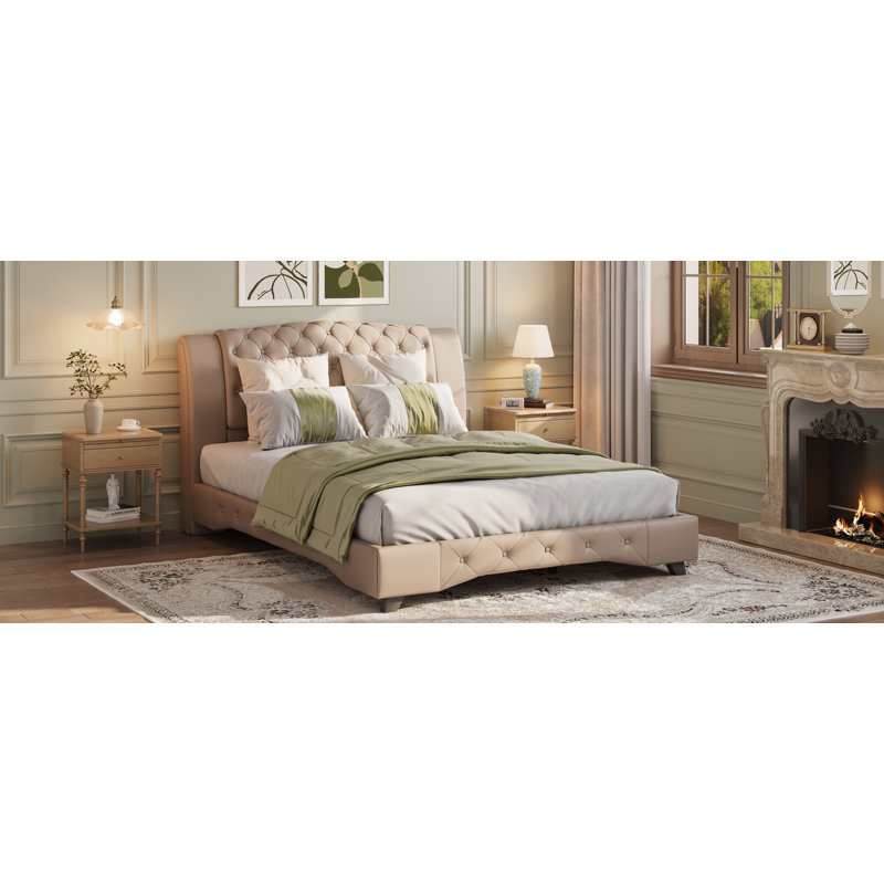 Lit plateforme tapissier néo-classique Aurelia, Brun, Grand lit