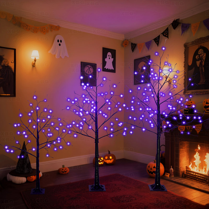 3 pièces d'arbres noirs illuminés d'Halloween effrayants, 4 pi / 5 pi / 6 pi avec lumières mauves, décoration d'Halloween