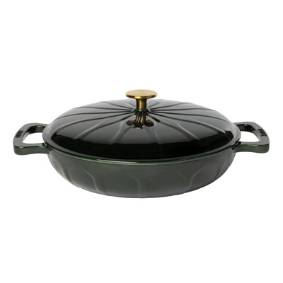 3.6 Quart Luxe Enamel Braiser, Pesto, with gold knob