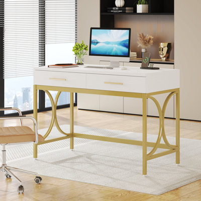 41 in Computer Desk With Two Drawers, White and Gold Modern Study Writing Desk