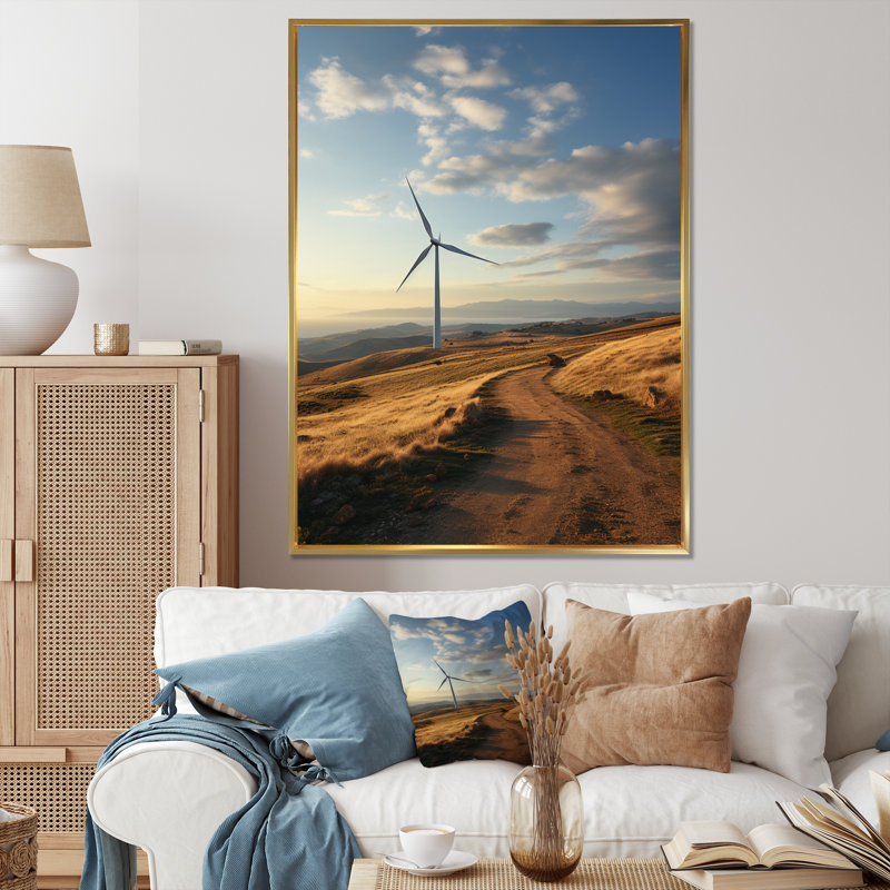 Wind Turbines Minimalist Motion II - reproduction sur toile, Cadre flottant doré, H 32 po x l 24 po x P 1 po
