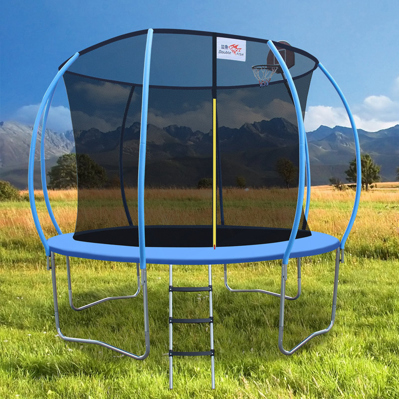Mini trampoline de remise en forme pliable 12 pieds avec rampe pour adultes, capacité de 400 lb, cadre rond en fer bleu, compact et portable pour les entraînements à domicile